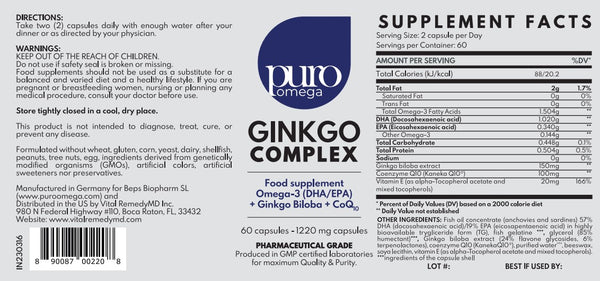 PuroOmega Complex - GINKGO COMPLEX - NEW - 60 highly concentrated DHA & EPA omega3 combined with natural Ginkgo biloba extract, CoQ10 and Vitamin E. A treat for your brain*. FREE SHIPPING