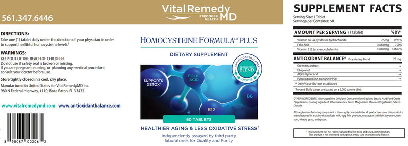 HomocysteineFormula-PLUS - Two months supply (60 Tablets) for only $0.70 per day - FREE SHIPPING