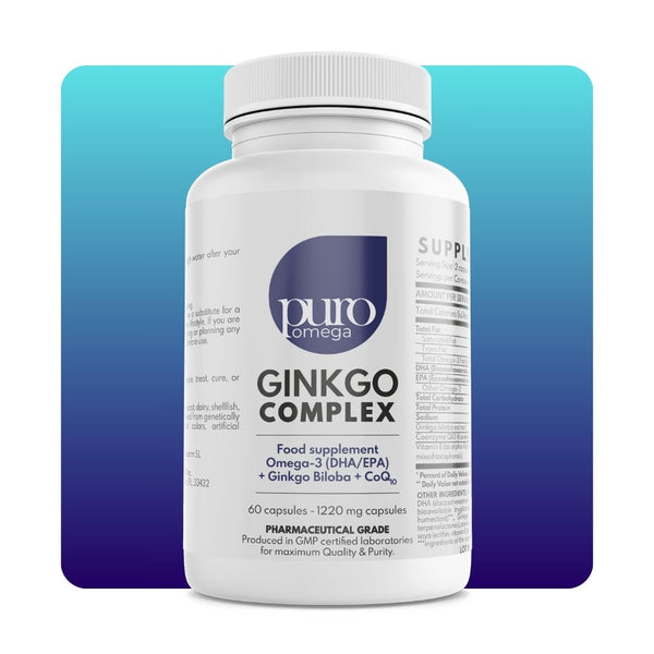 PuroOmega Complex - GINKGO COMPLEX - NEW - 60 highly concentrated DHA & EPA omega3 combined with natural Ginkgo biloba extract, CoQ10 and Vitamin E. A treat for your brain*. FREE SHIPPING