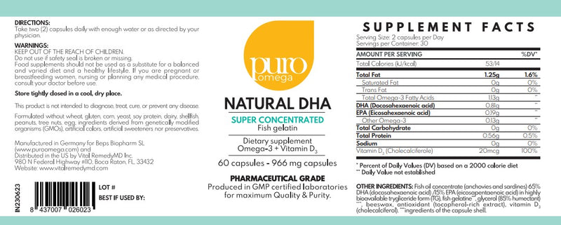PuroOmega - NATURAL DHA - Puro Omega - 60 highly concentrated DHA caps in TG-form with Vit. E+D3 - FREE SHIPPING