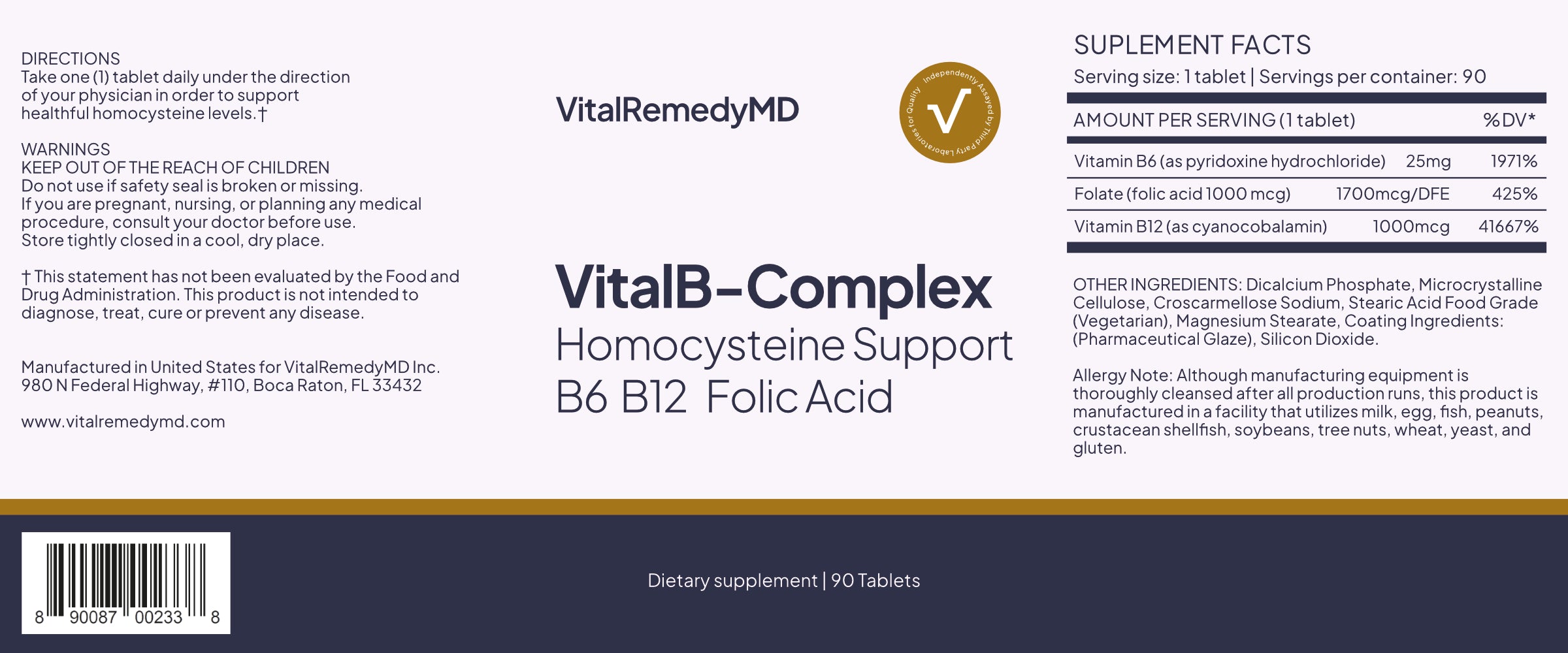 VitalB-Complex - Homocysteine Support. B6, B12 and Folic Acid (90 ct.)